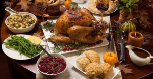 A turkey and some other food on the table.
